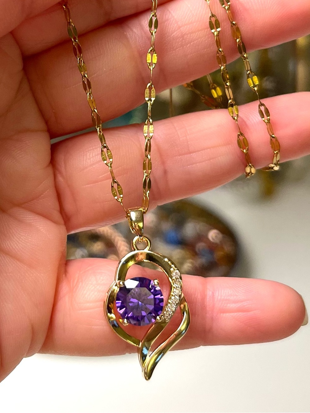 Gold Tone Stainless Steel Amethyst-Tone Stone Pendant Necklace